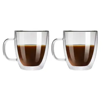 

Set of 2 Double Wall Glass Transparent Tea Cups Wine Glasses with Handle Whiskey Drinkware Milk Coffee Mugs 250/375/475ml