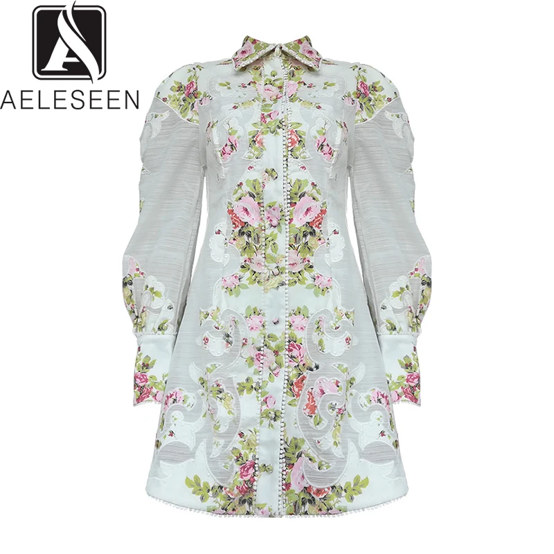 

AELESEEN Luxury Lace A-Line Dresses 2020 Spring New Runway Design Retro Style Office Lady Elegant Puff Sleeve Floral Mini Dress