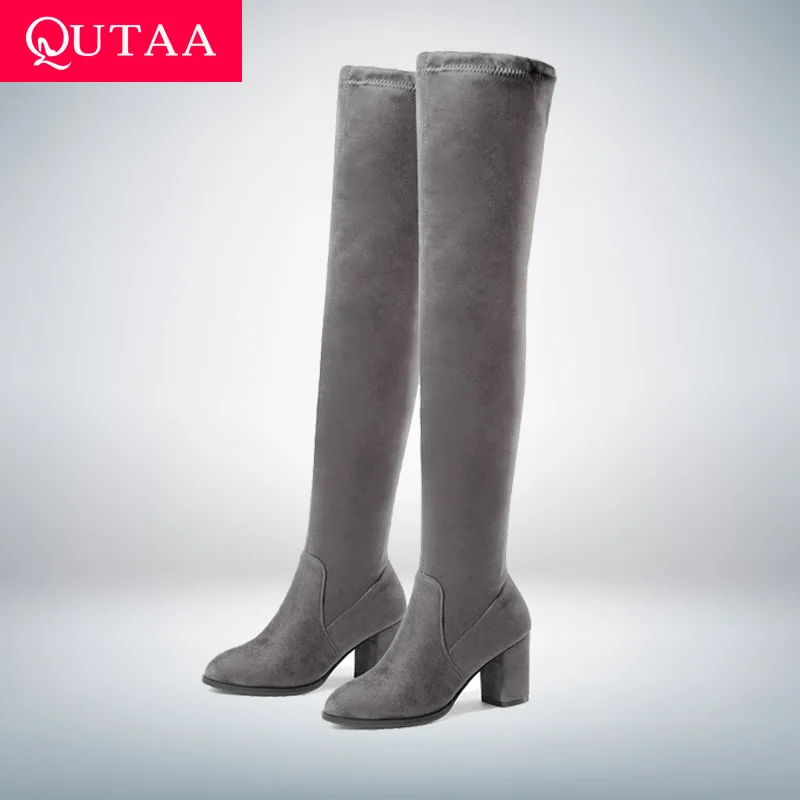 Baratos QUTAA 2020 mujeres sobre la rodilla botas altas cuadradas de tacón alto zapatos de mujer plataforma de invierno todo fósforo Sexy botas de mujer tamaño 34 43