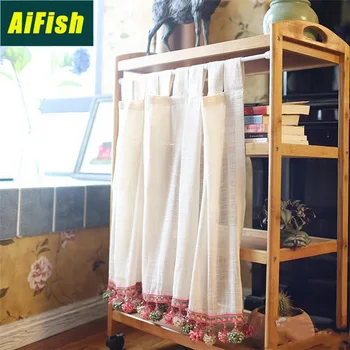 

Solid Color Cotton And Linen Sling Curtain Pink Tassel Small Ball Short Curtain Kitchen Study Decoration Window Screen QT041-3