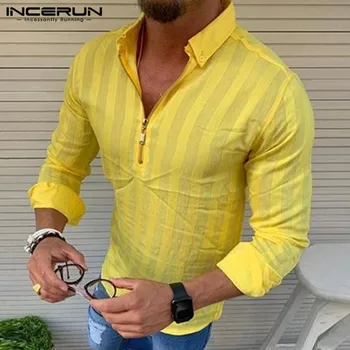 

INCERUN 2020 Stylish Men Striped Shirt Zipper Lapel Streetwear Blouse Slim Long Sleeve Leisure Brand Mens Casual Shirts S-5XL