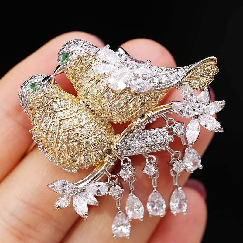 1PCS Gold Plated Double Love Bird CZ Brooch