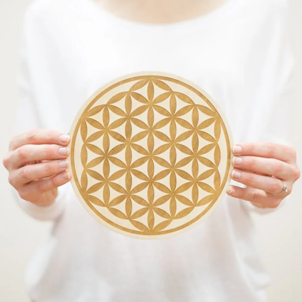 Günstig Benutzerdefinierte Holz Blume des Lebens Holz Zeichen Spirituelle Wand Kunst Heiligen Geometrie Symbol Geometrische Geformte Graviert Holz Zeichen