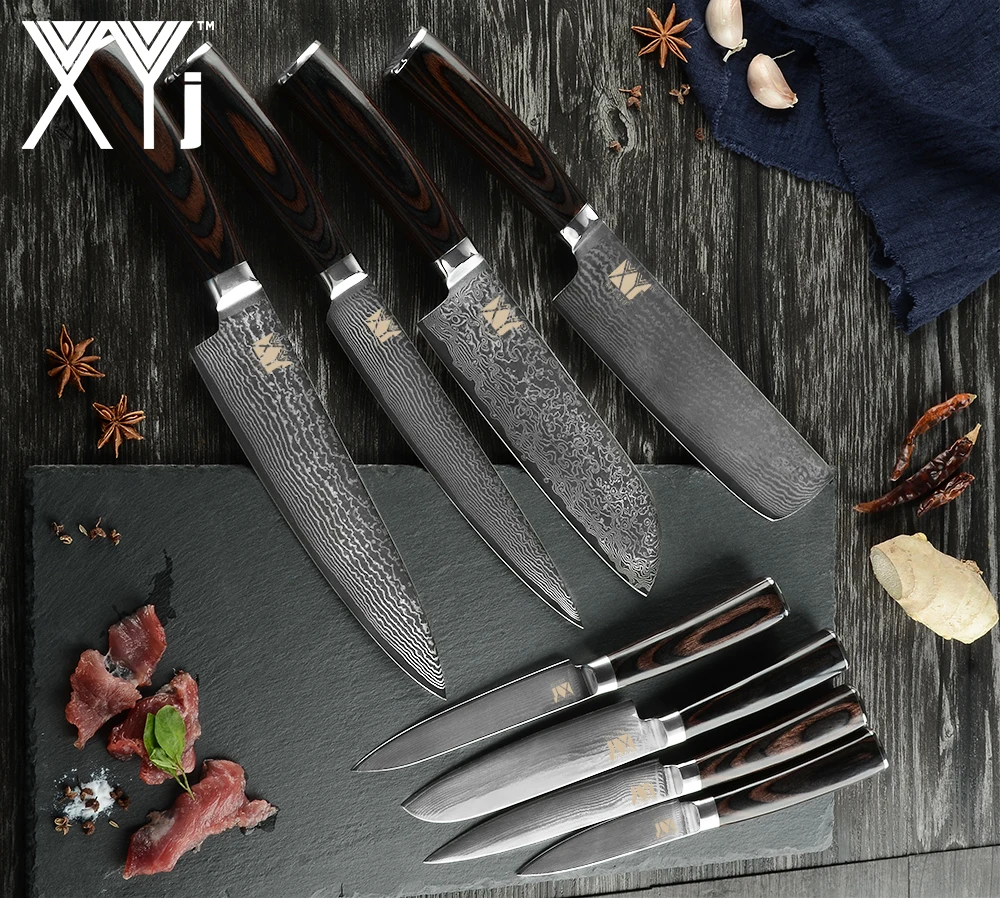 XYj Дамасская сталь набор кухонных ножей инструмент свободная крышка VG10 острое лезвие цвет деревянной ручкой кухонная принадлежность