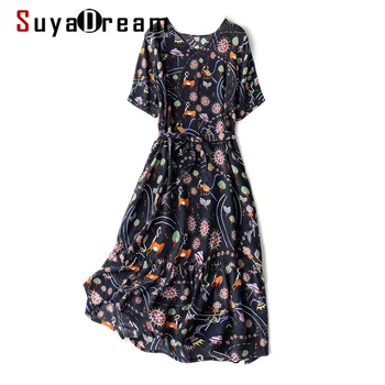 

SD Women Belted Dress 100%Silk Crepe Floral Printed A line Shorted Sleeved V neck Knee Length Dresses 2020 Summer New