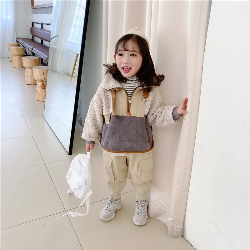 Новые зимние детские теплые толстовки в Корейском стиле с длинными рукавами в стиле пэчворк бархатные топы для отдыха для маленьких девочек