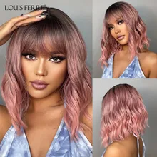 

LOUIS FERRE Short Bob Synthetic Wigs With Bangs Ombre Pink Natural Water Wave Wig Heat Resistant Cosplay Party Hair for Women