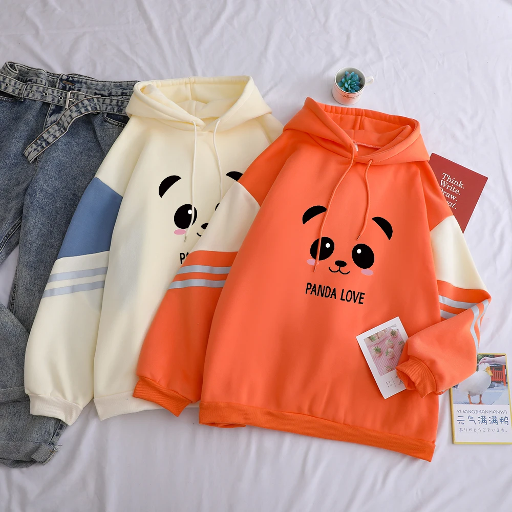 Kawaii Panda принт корейские женские толстовки в стиле хараджуку панда любовь хип хоп толстовки повседневные хлопковые хит цвет теплый пуловер сплайсинга