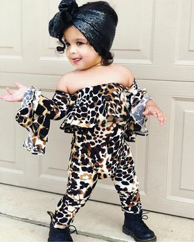 

Baby Girls Long Sleeve Jumpsuit Personality Leopard Ruffles Off-shoulder One Piece Long Pants