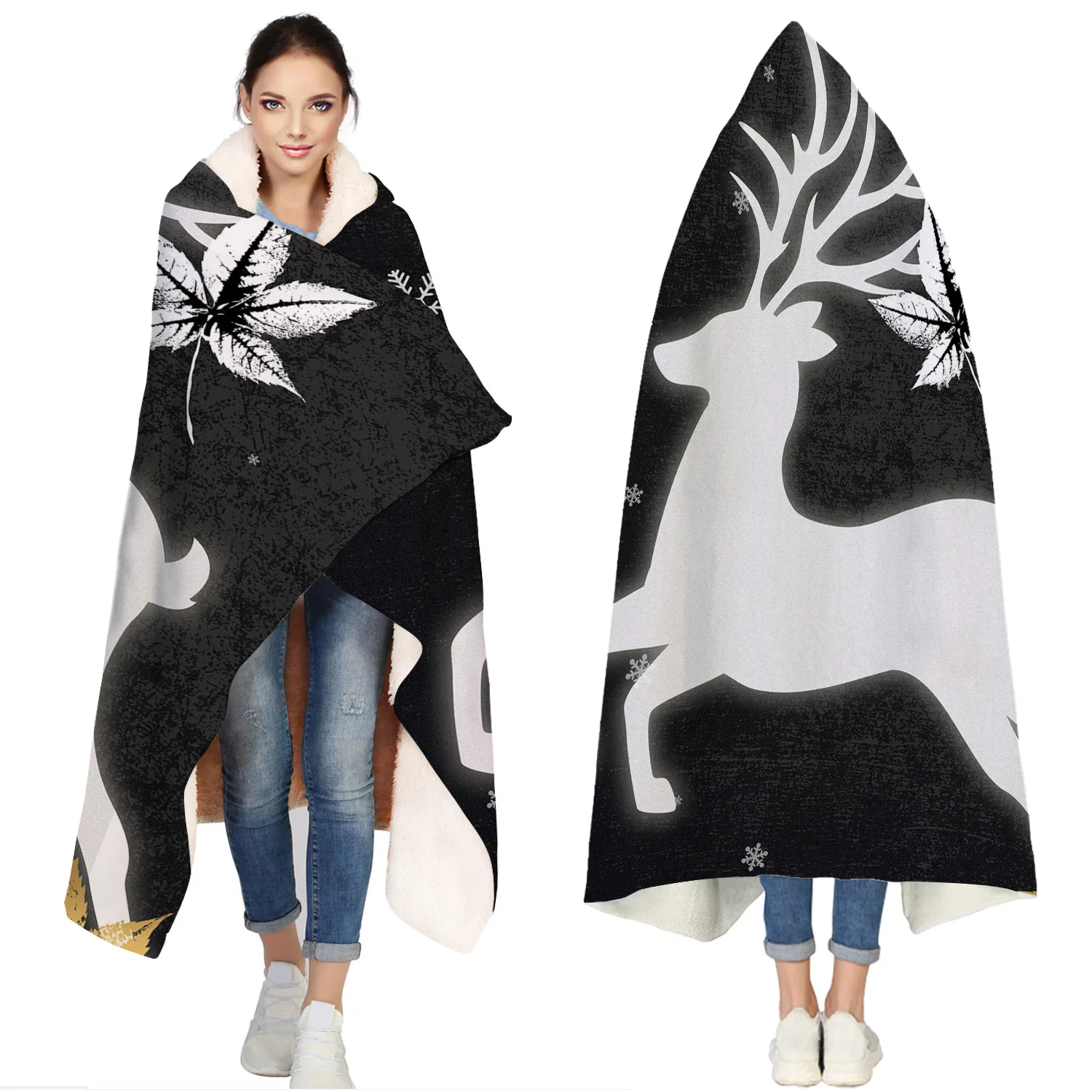 

Christmas White Maple Leaf Elk Portable Wearable Fluffy Custom Hooded Blanket Fleece Hooded Throw WrapBed Blanket