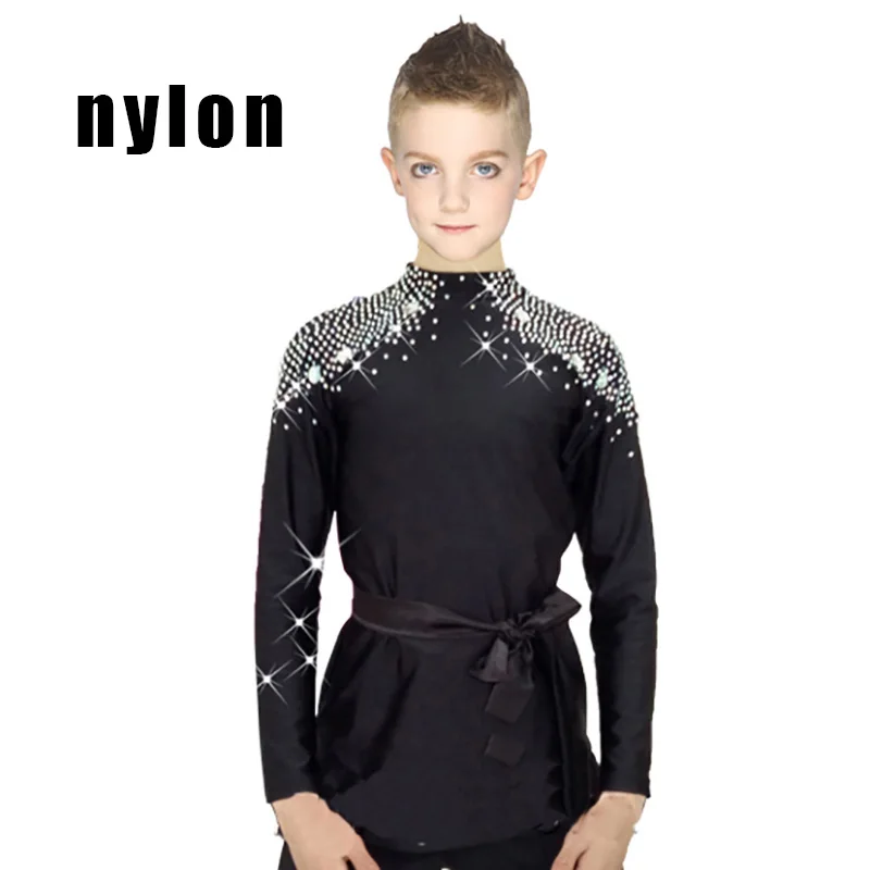 Black Nylon Новинка, рубашки для бальных танцев, латинских танцев, для мальчиков и мужчин, корейский бархат, длинный рукав, для взрослых, одежда для выступлений, топы для соревнований, DN1579 - Цвет: Black Nylon