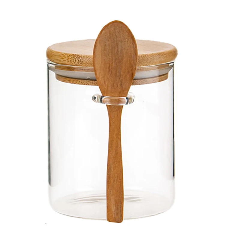 

Glass Food Airtight Canister Castor Wooden Twist Lid Kitchen Candy Storage Tank Jar Bamboo Food Container with Wooden Spoon