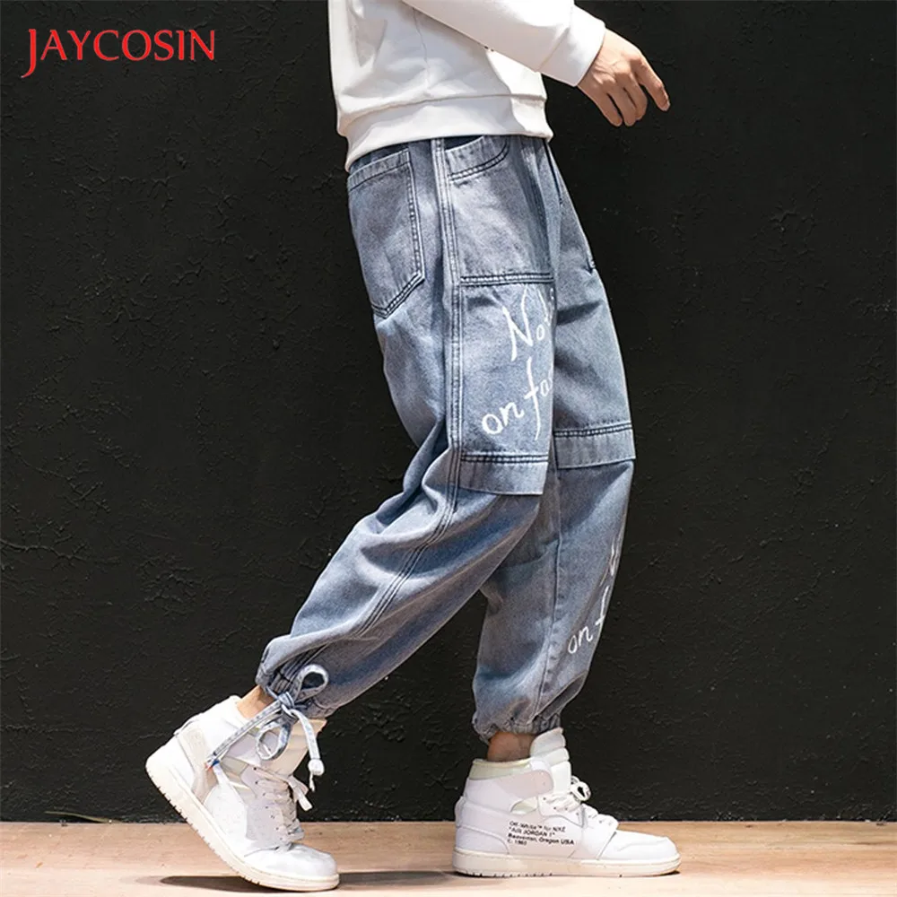 Jaycosin мужские повседневные джинсы, брюки, свободные, с эластичной талией, с большим карманом, облегающие ноги, узкие джинсы, брюки, модные, с буквенным принтом