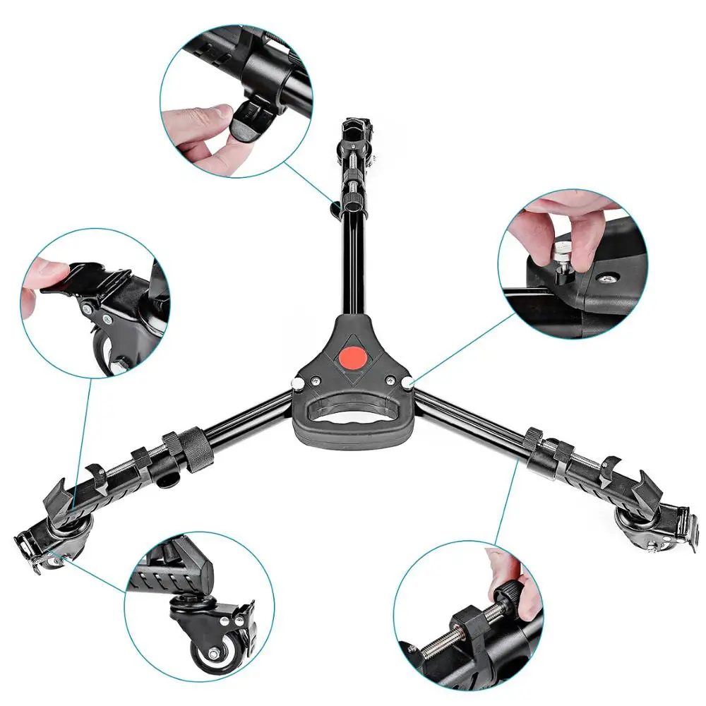 Foldable Photography Heavy Duty Tripod Dolly Base Stand Flexible Wheels Adjustable Legs for Camera Photo Video with Carrying Bag
