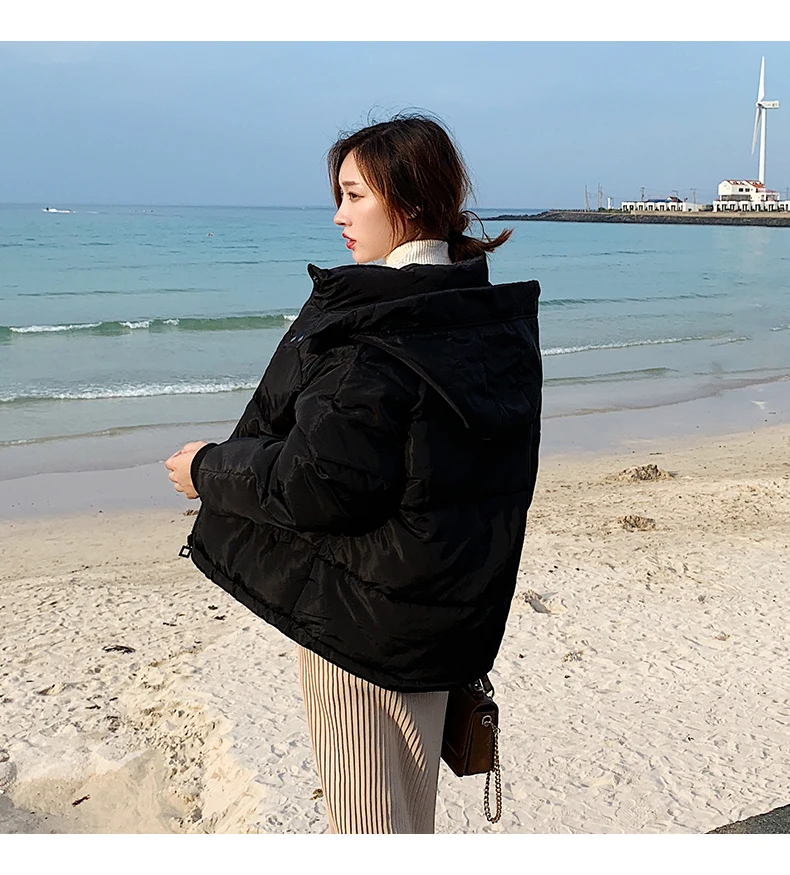 Корейская свободная хлопковая стеганая Женская Зимняя Куртка парка теплая Толстая короткая женская верхняя одежда однотонные повседневные женские пальто с капюшоном топы
