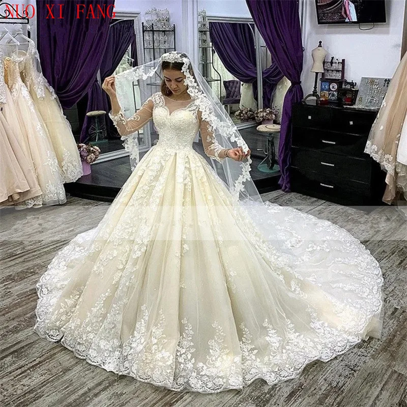 #Special Offers Luxe Kant Trouwjurk Baljurk Robe De Mariee Lange Mouw Abito Sposa Hof Trein Bruidsjurk Vestido De Novias bruid Jurk