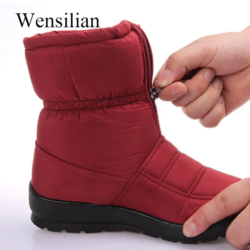 Зимние ботинки; женские ботильоны; теплые водонепроницаемые зимние ботинки с мехом внутри; женская обувь на молнии; Цвет Красный; botas mujer invierno;