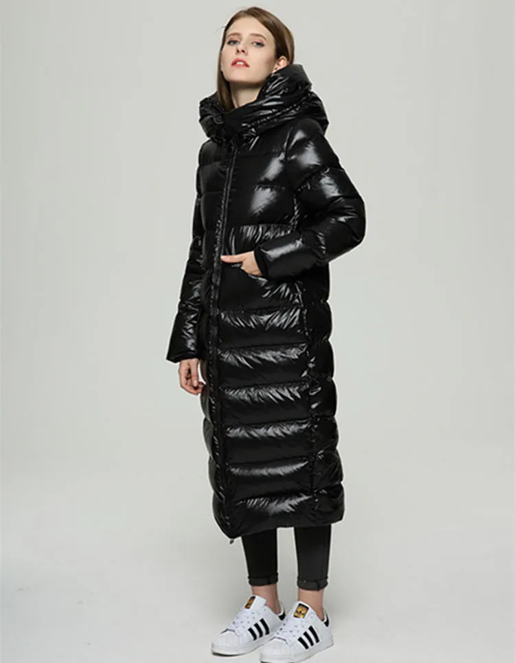 Winter New Style Cocoon Long over-the-Knee down Jacket Female Black Bright Surface Thick Loose White Duck down Warm Coat Fashion