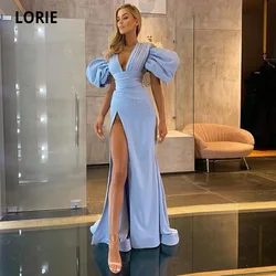 LORIE Sexy Evening Dresses Long V-Neck Pleats Short Puff Sleeves High Side Split Formal Arabic Prom Gown Celebrity Party Dress
