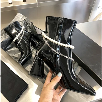 

Luxury Chelsea Boots for Women Pearl Chain Decor Hoof Heels Black Patent Leather Square Toe Side Zipper Ankle Knee High Boots