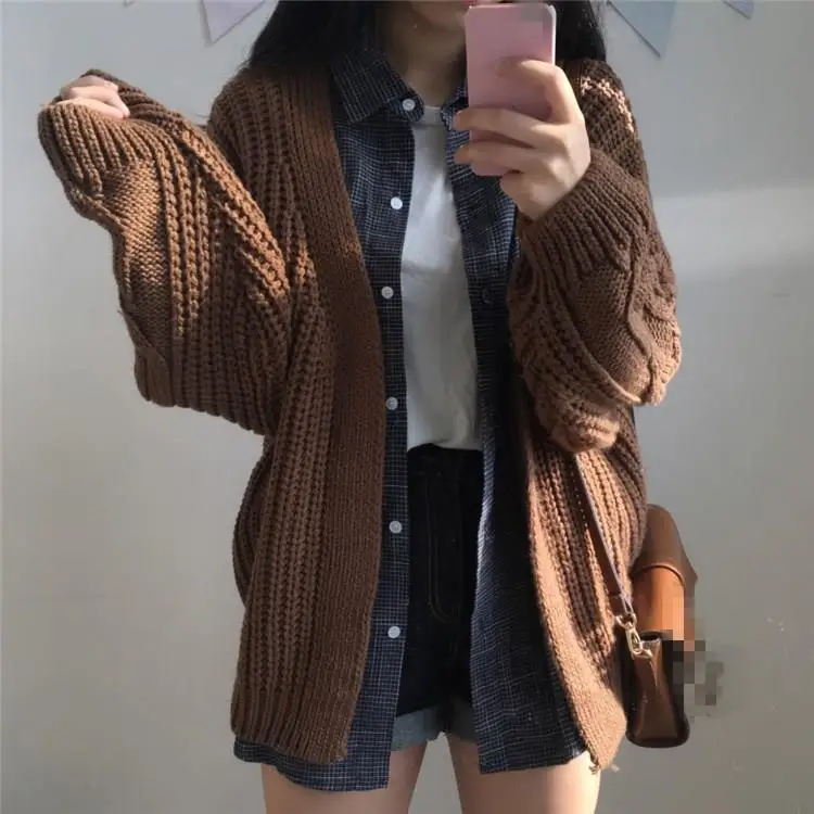 

Women Autumn New Korean Retro Cable Open Front Sweater Top Casual Harajuku Cardigan Oversized V-Neck Sweater Coat