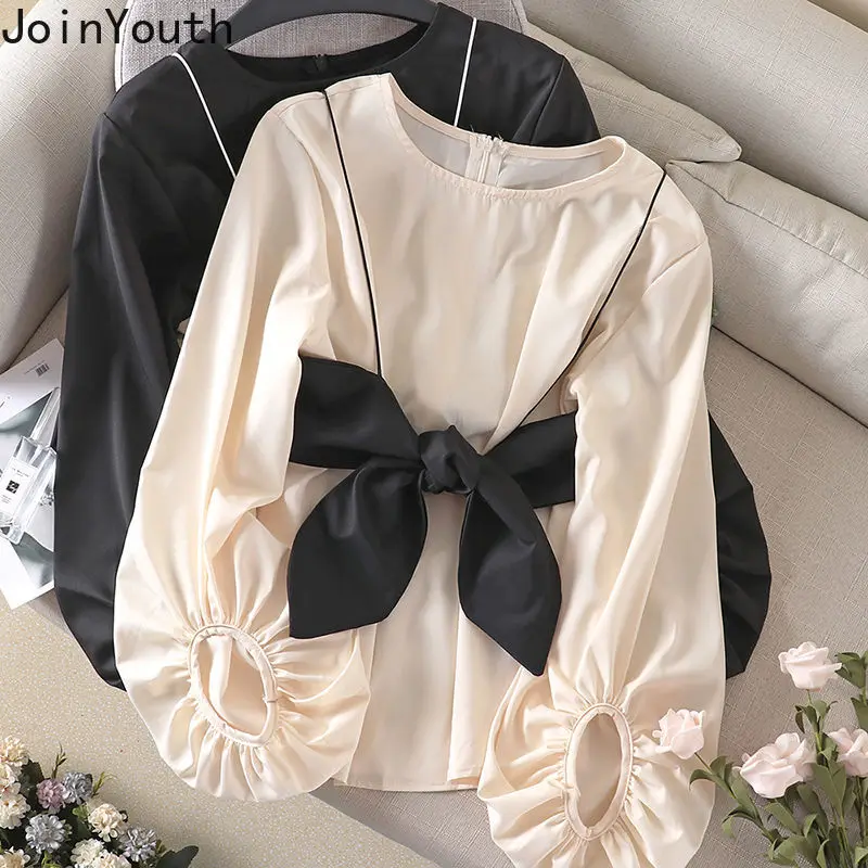 

Joinyouth Women Blouse Sets Lantern Long Sleeve O-neck Pullover Shirt + Bow Tie Camis Korean Elegant Fashion Sweet Suits 56691