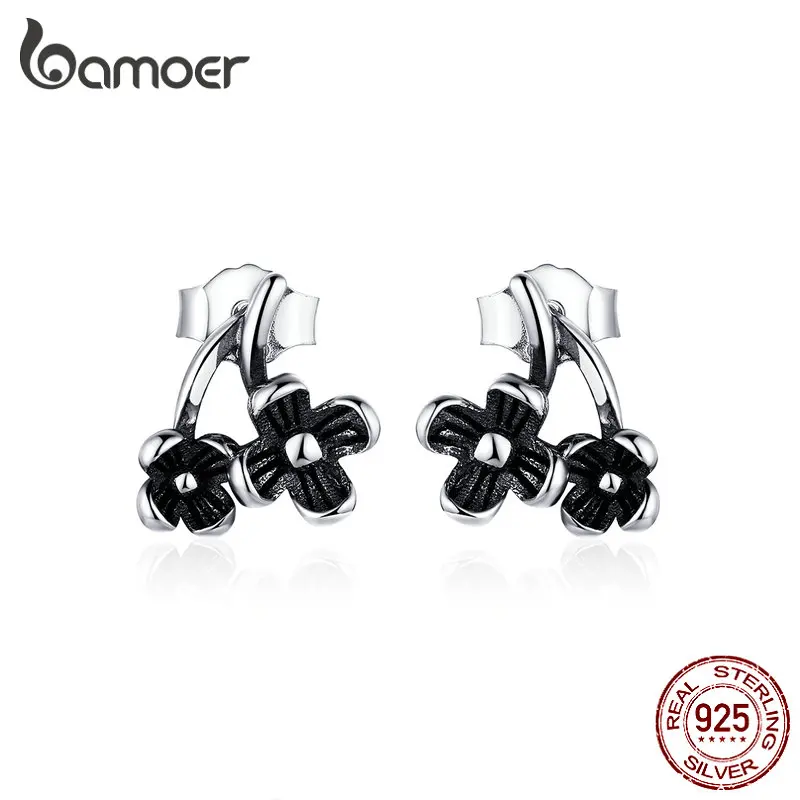 

bamoer Real Sterling Silver 925 Vintage Flower Stud Eearrings for Women Double Black Floral Ear Pins Studs Jewelry SCE795