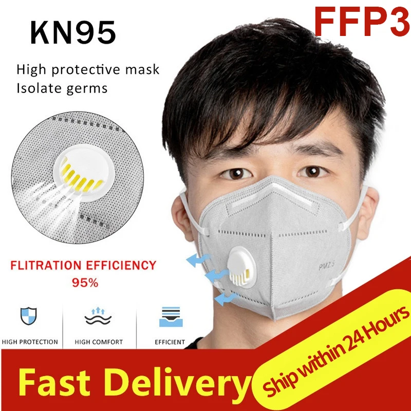 Masques faciaux réutilisables 6 couches FFP2 KN95 FFP3 avec Valve respiratoire, masques anti-poussière de sécurité