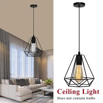 

Modern Industrial Vintage Cage Pendant Light Iron Art Diamond Pyramid Wrought Home Ceiling Lamp Suitable For E27 Bulbs