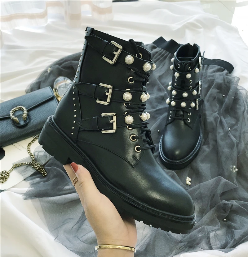 

Ankle Booties New Boots Women Pearl Women Shoes Fashion Mortorcycle Boots Lace-up Bota Feminina Buckle Botas Mujer Punk Boots