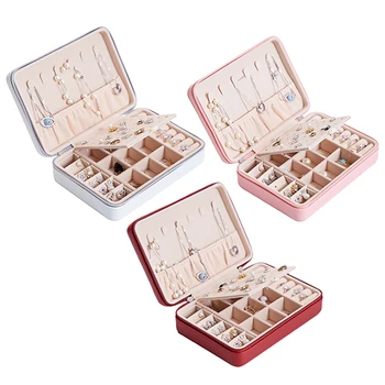 

Portable PU Jewelry Box Zipper Bracelet Earrings Necklace Rings Storage Case Cabinet for Travel Wine Red