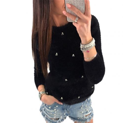 Winter Women Fashion Faux Pearl Beading Solid Color Plush Long Sleeve Pullover Solid Color Warm Polyester Spandex pullover