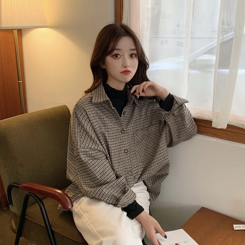 

Network hong fu Ancient Port Kong-Style Plaid Shirt Women's 2020 Early Spring New Style Korean-style Loose Sense of Design Non-m
