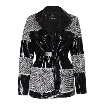

2020 Autumn Winter Coat Fashion PU Patchwork Woolen Coat Women Coat Oversize Women's Long Sleeve Coat Female