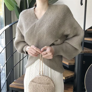 

WICCON 2020 Autumn Winter Women Sweater V-Neck Cross Pullovers Bat Puff Sleeve Knitted Korean Elegant Ladies Jumpers
