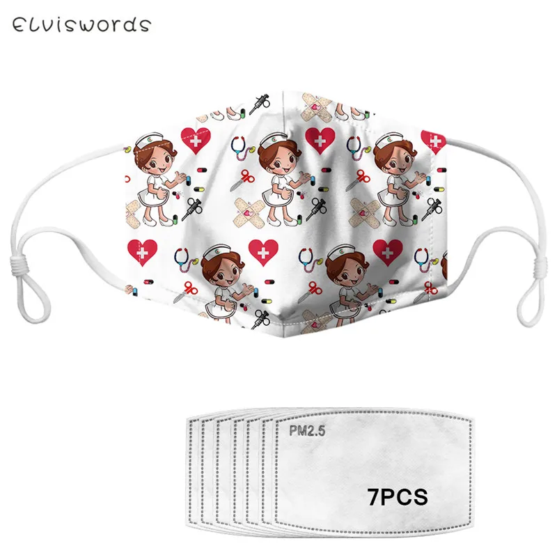 

ELVISWORDS Reusable Polyester Women Masks Cartoon Nurse Pattern Breathable Elastic Face Masks for Ladies Mouth Mask with Filter