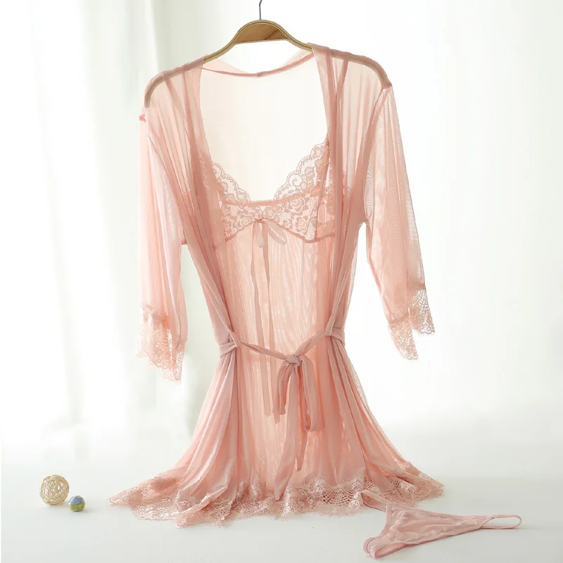 Women Lace Nightgowns Sleepwear Transparent Sexy Pajamas Set 3PCS Summer Night Dress Nightwear Female Nightdress Home Clothes