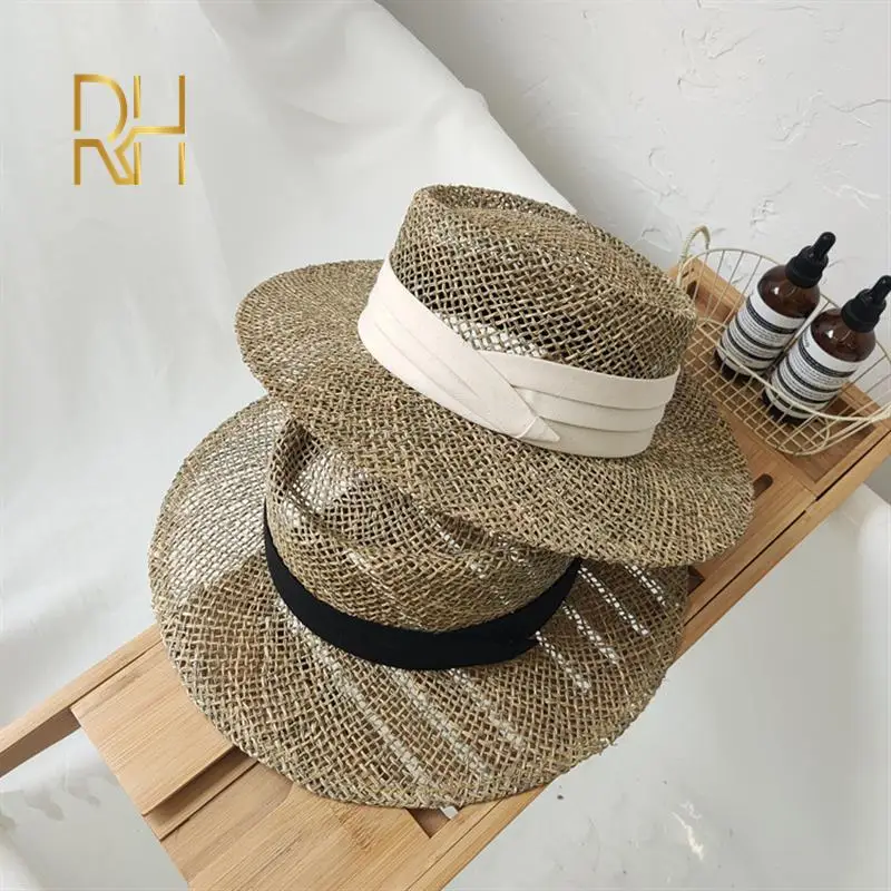 Travel Natural seagrass hollow flat brim hat ladies summer porkpie concave round sun hat beach straw with ribbon beach hat,women sun hat