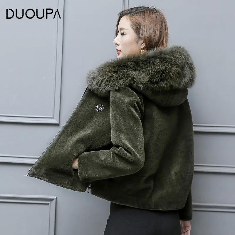 DUOUPA/ осенне-зимняя новая модная оторочка из овечьей шерсти, пальто женское короткое пальто из лисьего меха с капюшоном из овечьей шерсти, кожаная куртка