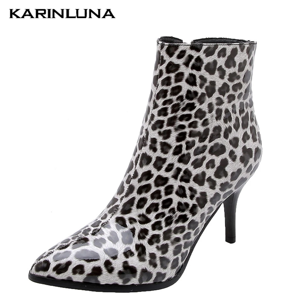 

Karinluna Fashion large Size 32-43 Autumn Winter Boots Women Shoes Thin High Heels Leopard Ankle Boots Female Shoes Woman