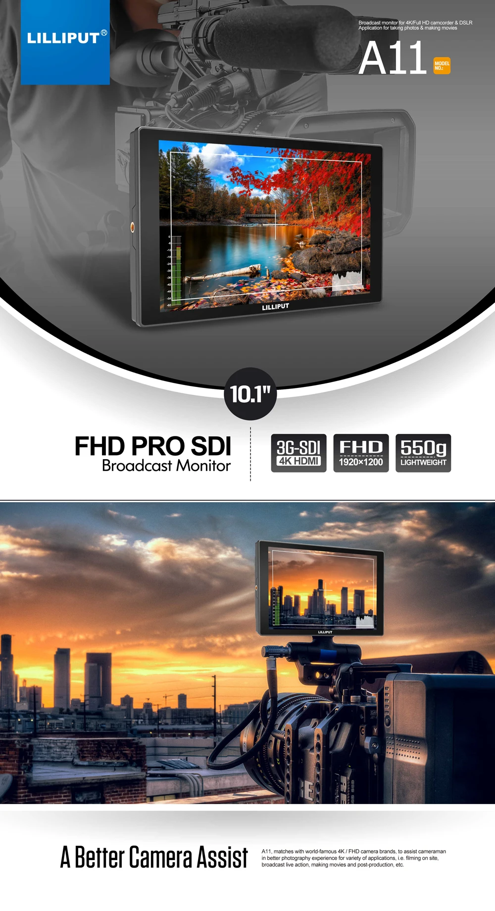 Lilliput A11 10,1 дюймов FHD PRO 4K HDMI SDI VGA вход вещания монитор с G+ G технология V-Mount