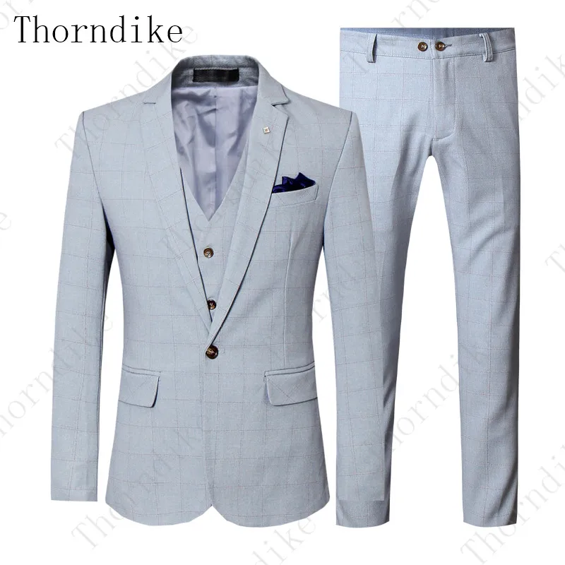 light blue Пиджак+ жилет+ брюки),, мужской свадебный костюм жениха, клетчатый формальный костюм, набор, светильник, синий, мужской Модный повседневный деловой костюм из 3 предметов - Цвет: light blue