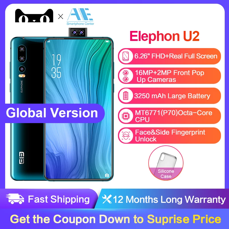 

Elephone U2 16MP Pop Up Camera 6GB+128G Mobile phone 6.26" FHD+ Screen Android 9.0 MT6771T Octa CoreFace ID 4G LTE Smartphone