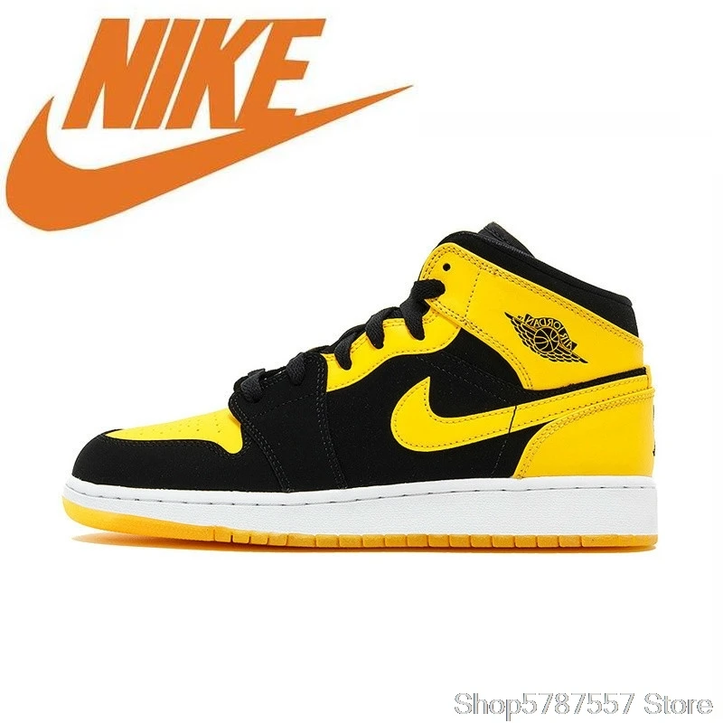 Оригинальные мужские баскетбольные кроссовки Nike Air Jordan 1 Mid AJ1 черные желтые с