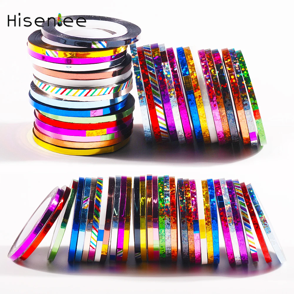Hisenlee 5 Rolls 3MM Nail Art Glitter Stripping Tape Line Strips Decor Tools Adhesive Stickers Decals Manicure 30 Colors | Красота и