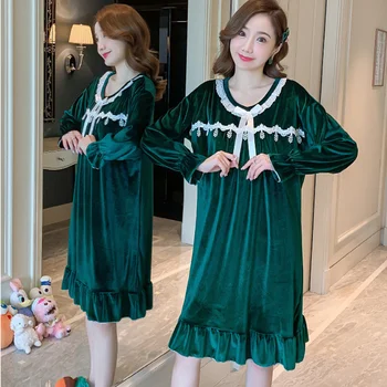 

Women Nightdress Golden Velvet Sleepwear Solid Round Neck Bow Sexy Nightwear Autumn and Winter Thick Home Clothes Princess