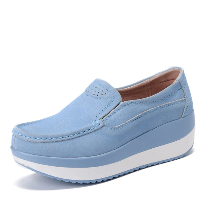 Light Sky Blue Женские лоферы на плоской платформе; женские элегантные мокасины из натуральной кожи; Женская Осенняя повседневная женская обувь без застежки - Цвет: Light Sky Blue