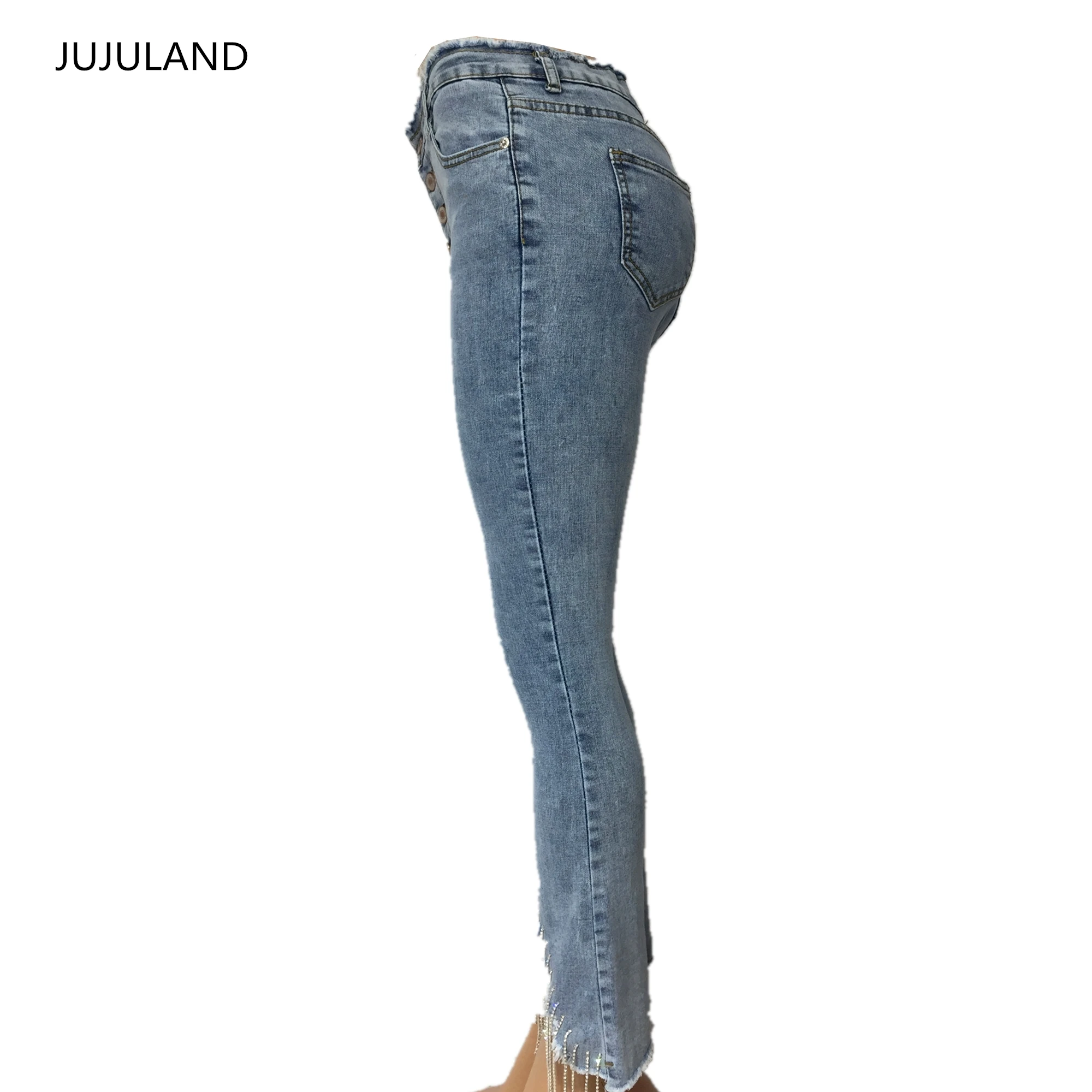 JUJULAND, женские расклешенные джинсы, синие, ручной работы, алмазная кисточка, высокое качество, обтягивающие джинсы на четырех пуговицах, 6621