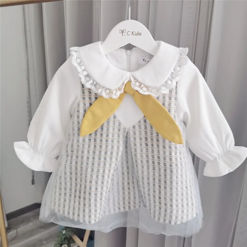 New Autumn& Winter Fashion Kids Dress false 2pieces design Patchwork Baby Princess Dress Party Girls Dresses
