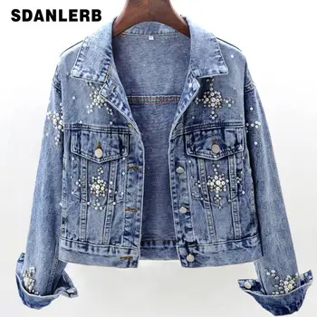 

2019 Spring And Autumn Ne Denim Jacket Women Heavy Work Beaded Long-sleeved Loose Jeans Coat